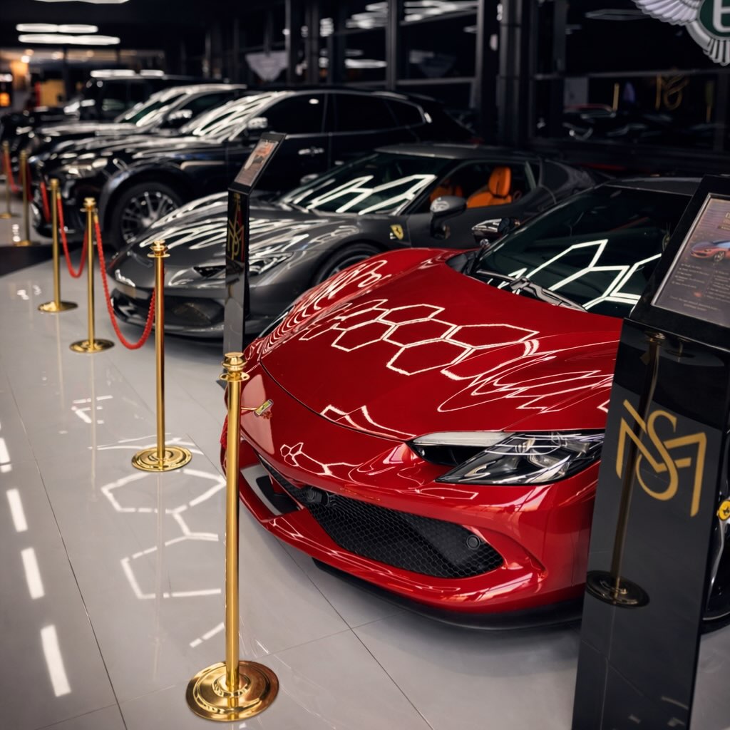 Sante Motors showroom'unda modern ışıklar altında sergilenen otomobiller